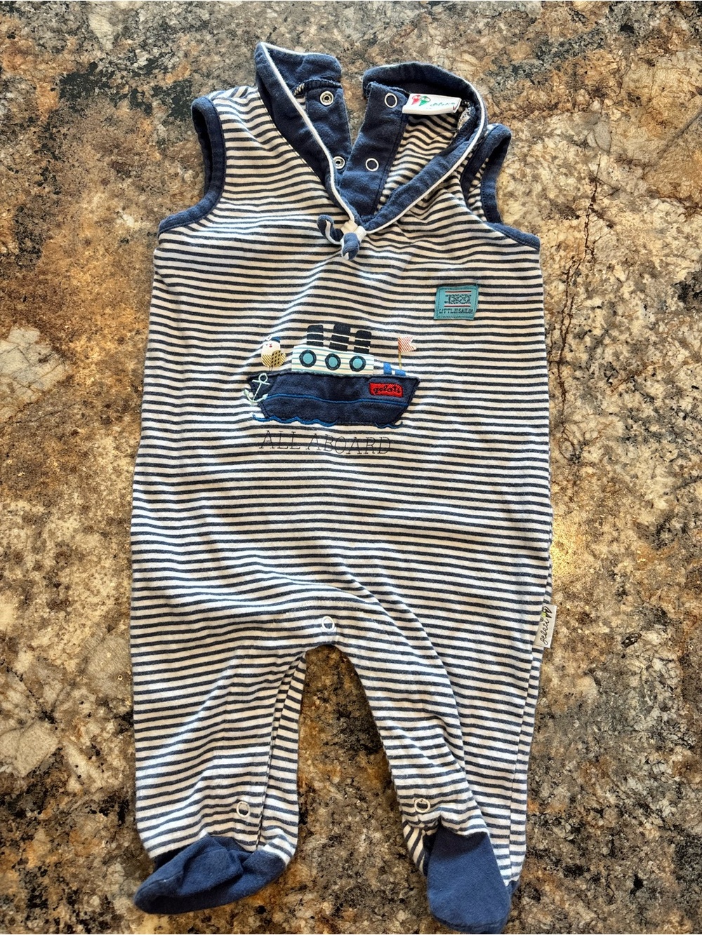 Striped Navy & White Infant One-Piece Romper with Boat Applique